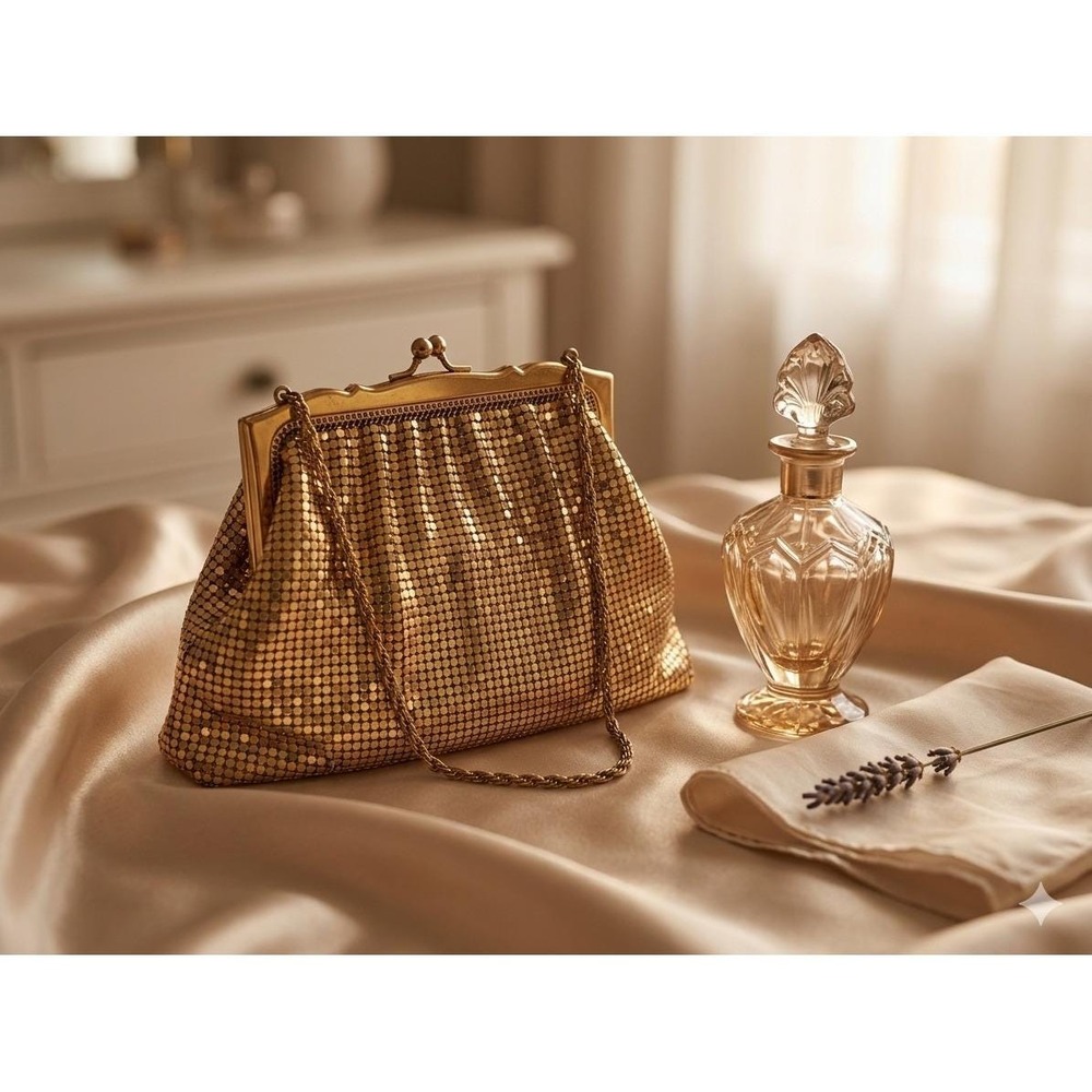 Vtg Whiting & Davis Gold Mesh Evening Bag Made in USA Chain Strap Cocktail Purse